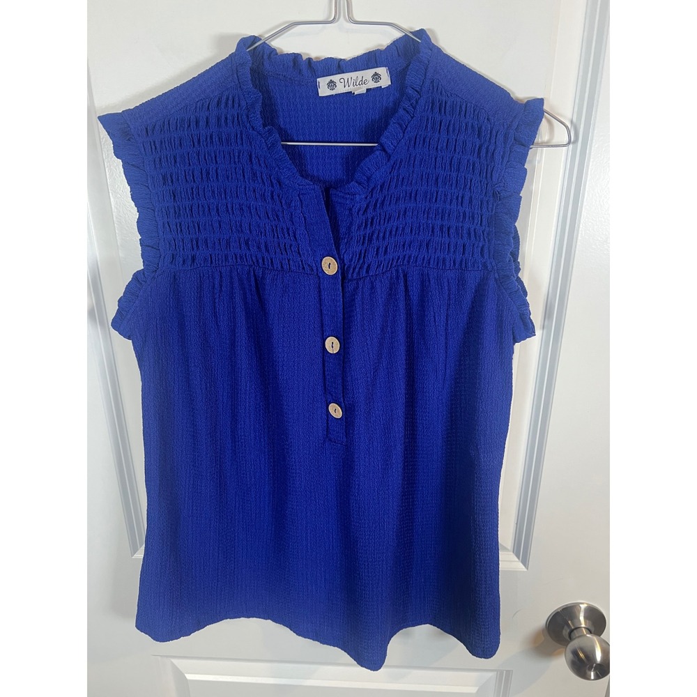Wilde Womens Blouse Smocked Ruffle Royal Blue Size M